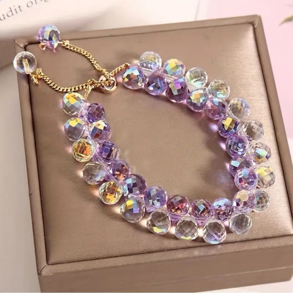Rhinestone Bracelet Tear Drop Gold Tone Adjustable Purple and Pink Iridescent